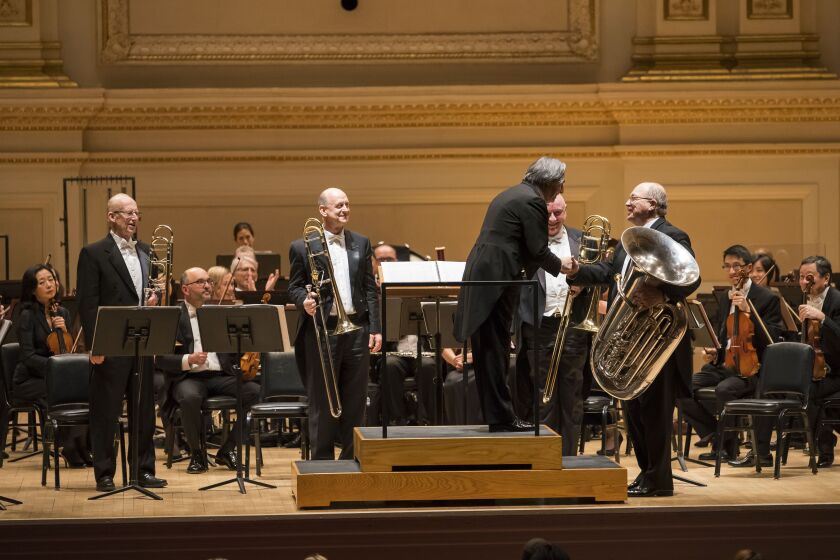 Maestro Riccardo Muti acknowledges the CSO’s low brass section Jay Friedman, Michael Mulcahy, Charles Vernon and Gene Pokorny following the New York premiere of Jennifer Higdon’s Low Brass Concerto at Carnegie Hall. | Todd Rosenberg Photography