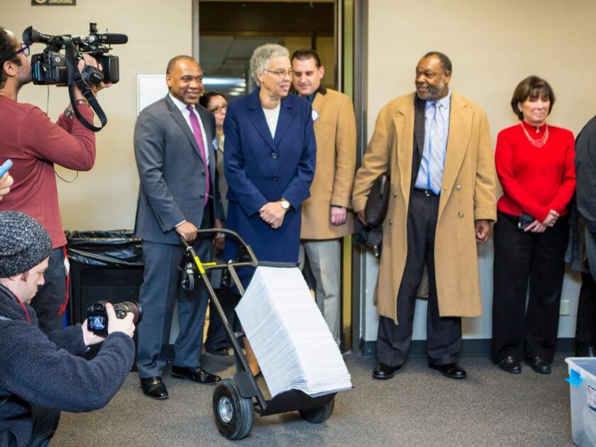 Cook County Board President Toni Preckwinkle presents documentation to run for mayor on the first day of the filing period for Municipal Elections, Monday, November 19th, 2018. | James Foster/For the Sun-Times