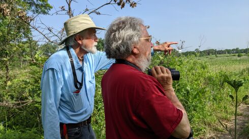 E.J. Neafsey and Joel Greenberg interrupt their discussion of Wolf Road Prairie and its plants to find a late-spring bird.