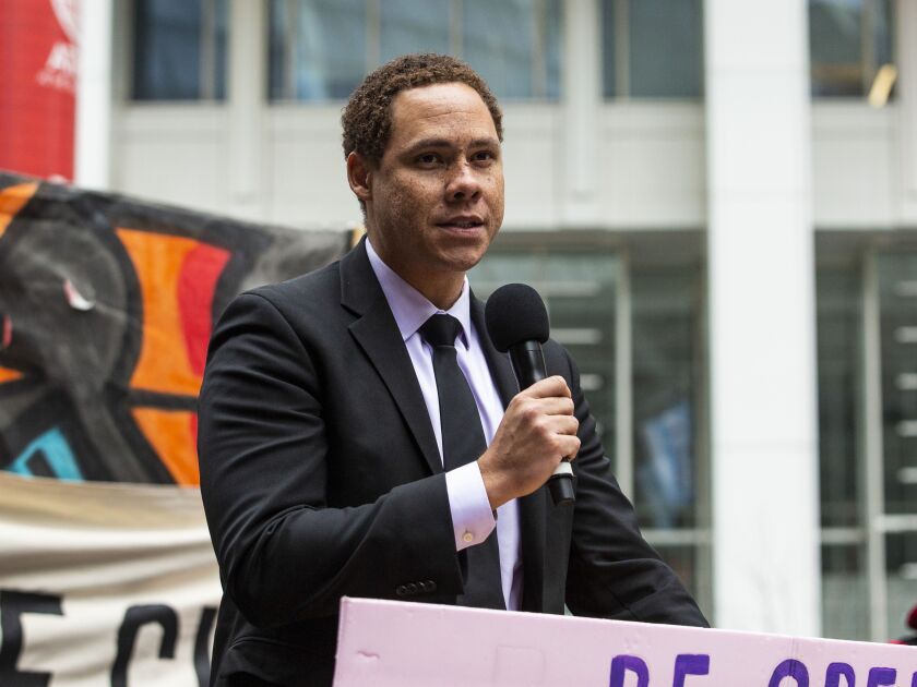 Ald. Matt Martin (47th) speaks at a rally for striking Chicago Teachers Union and SEIU Local 73 members and their supporters at the Thompson Center, shortly after Mayor Lori Lightfoot’s first budget address during the monthly Chicago City Council meeting at City Hall, Oct. 23, 2019.