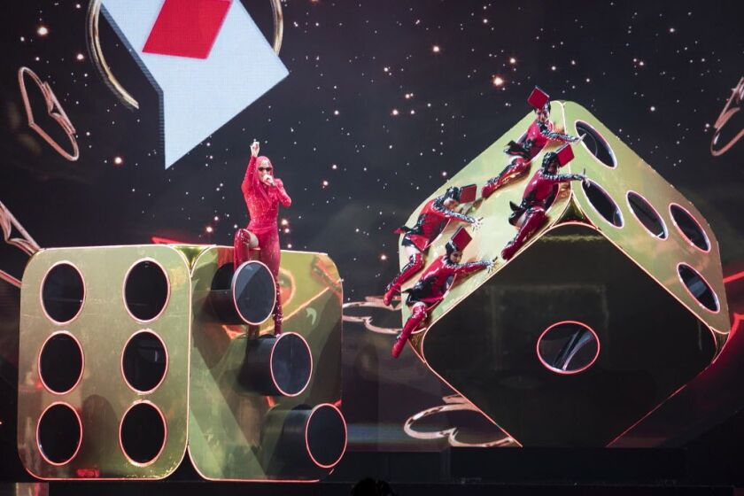 Massive stage props and a bevy of backup dancers were part of the mix in Katy Perry’s concert at the United Center on Tuesday, Oct. 24, 2017. | Ashlee Rezin/Sun-Times