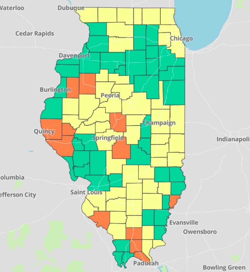 COVID-19 transmission is considered high in counties marked green, medium in those marked yellow and high in those marked orange. 