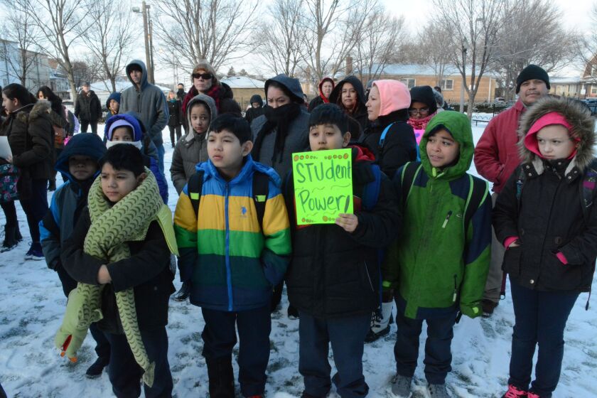 Students, teachers and parents at Burroughs Elementary School, 3542 S. Washtenaw Ave., protest over school funding. | Brian Jackson/For the Sun-Times