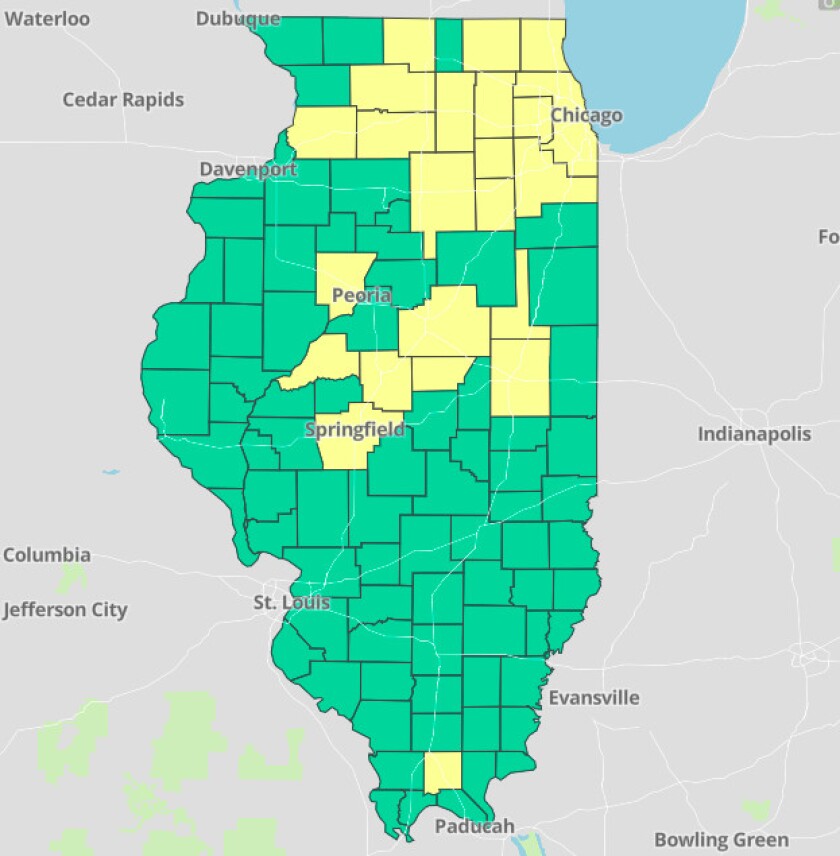 COVID-19 transmission is considered to be at a medium level in counties marked yellow.