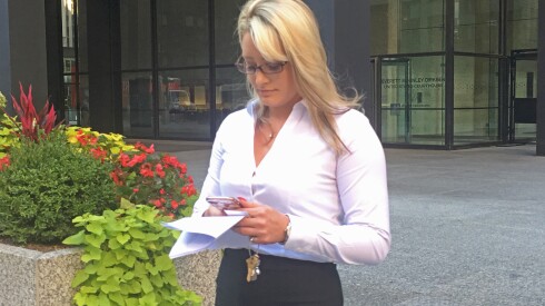 Jessica Nesbitt, accused of running a brothel on the West Side under the name “Madame Priscilla Belle,” leaves the Dirksen Federal Building.