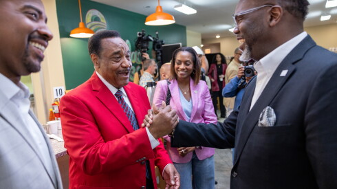 Chicago Mayor Brandon Johnson speaks briefly in Peach's restaurant on the South Side of Chicago on May 24, 2026.
