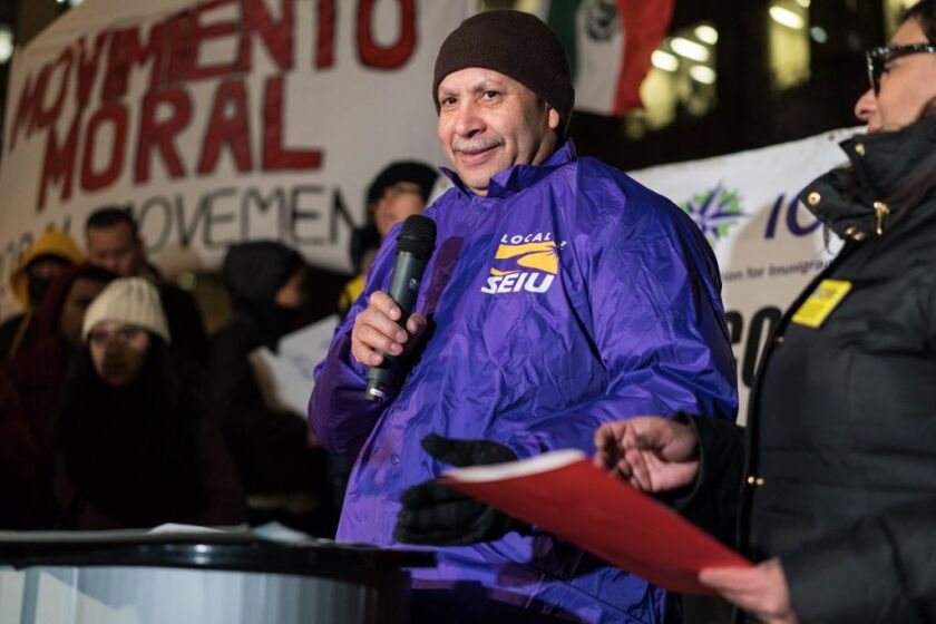 Honduran immigrant Humberto Torres, who has lived in the U.S. under the Temporary Protected Status, which was recently repealed, speaks at a rally for immigrant rights at Daley Plaza on January 17, 2018. | Max Herman/For the Sun-Times