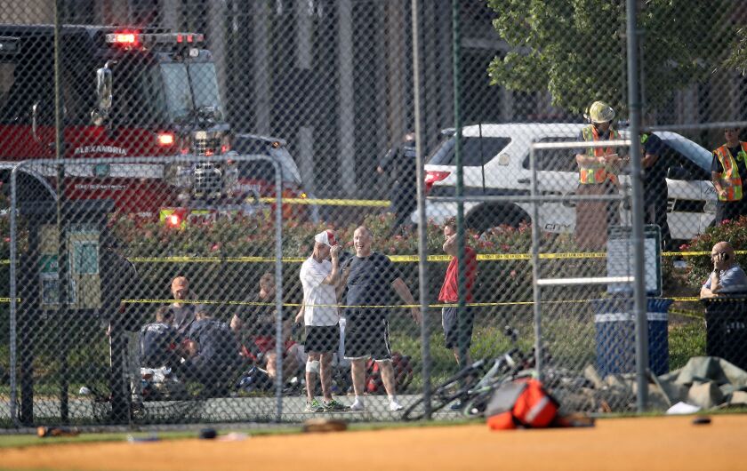 Investigators and men dressed in baseball gear gather at Eugene Simpson Field, where a gunman opened fire June 14 in Alexandria, Virginia. | Win McNamee/Getty Images