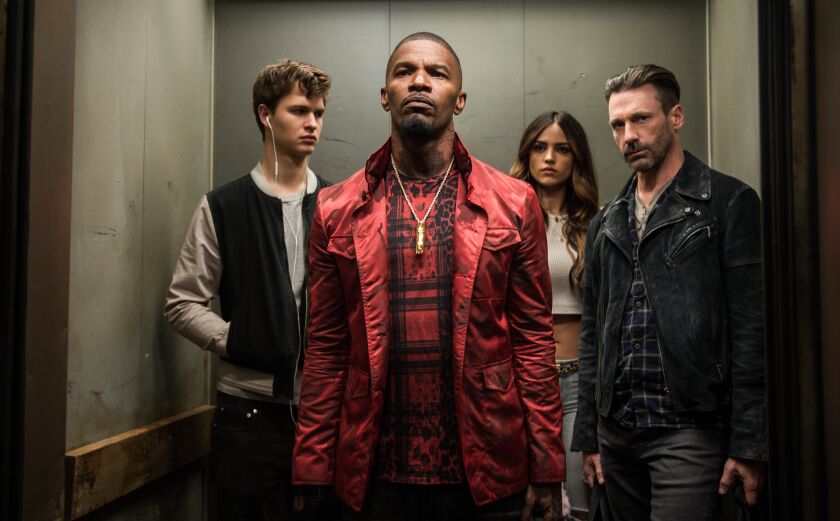 Ansel Elgort (from left), Jamie Foxx, Eiza Gonzalez and Jon Hamm in “Baby Driver.” | TriStar Pictures