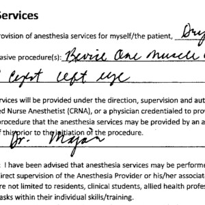 An anasthesia consent for for Sutton Dryfhout’s scheduled Aug. 21, 2017, surgery on her left eye. | Provided photo, courtesy Leopold and Associates