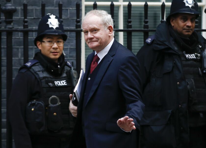 Northern Ireland’s deputy First minister Martin McGuinness arrives at Downing Street in October for a meeting with Britain’s Prime Minister Theresa May, and the Brexit Secretary David Davies, about Britain’s decision to leave the EU. | Associated Press fi