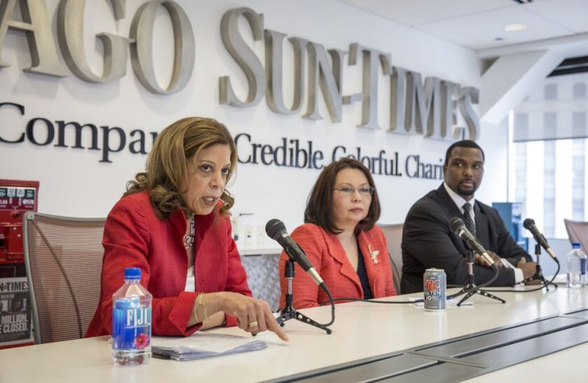 U.S. Senate Democratic primary candidates, from left, Andrea Zopp, Tammy Duckworth and Napoleon Harris met with the Sun-Times Editorial Board. File Photo. Rich Hein/Sun-Times