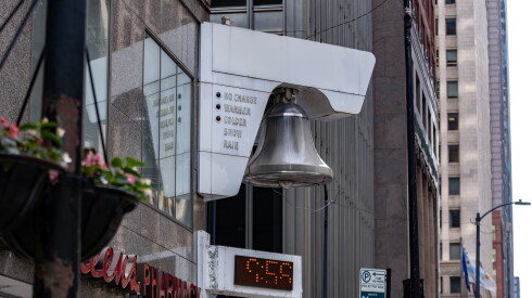 The weather bell hangs off the Rector Building in the Loop.