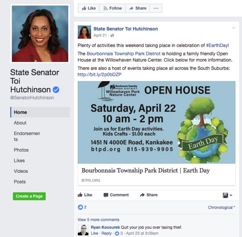 State Sen. Toi Hutchinson said she has been getting lots of negative comments on Facebook. | Screenshot