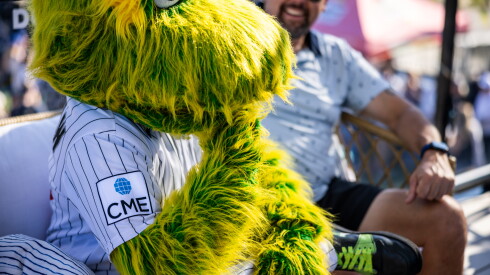 White Sox mascot Southpaw wears a team jersey featuring a CME Group patch.