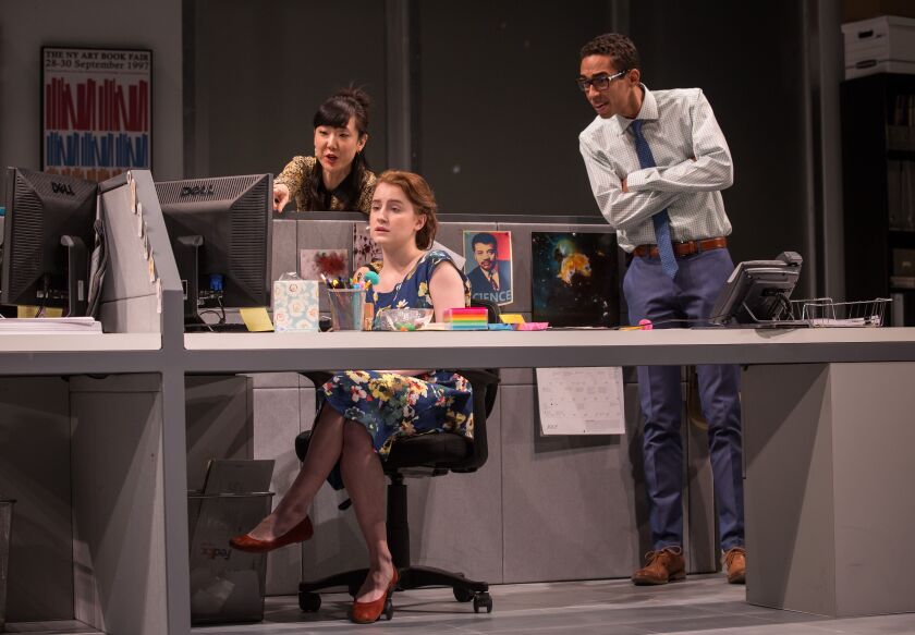 Jennifer Kim (from left), Catherine Combs and Kyle Beltran in Brnaden Jacobs-Jenkins’ play, “Gloria,” at the Goodman Theatre. (Photo: Liz Lauren)