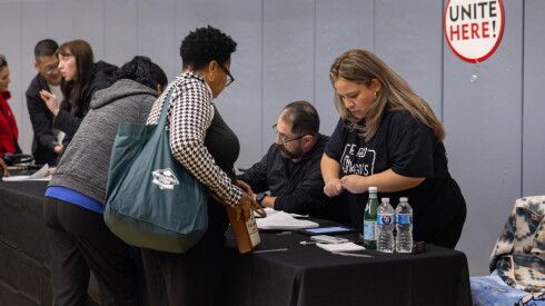UNITE HERE Local 1 hotel workers sign up for strike benefits at East West University in the Loop, Tuesday, Sept. 22, 2026.