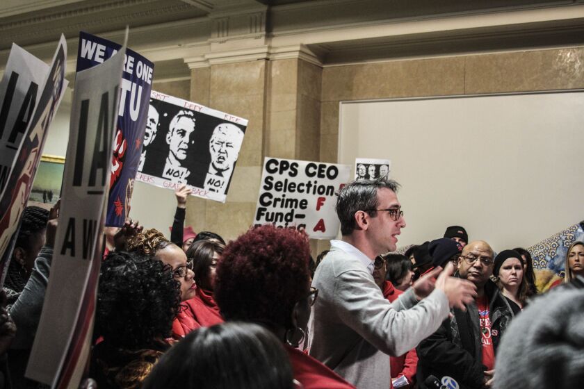 State Rep. Will Guzzardi speaks to teachers and their supporters at a City Hall protest Friday. | Maria Cardona/ Sun-Times