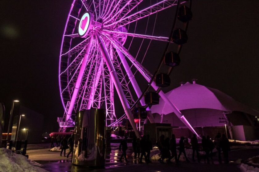 Navy Pier’s Centennial Wheel was illuminated in pink for “Spinning with Singles” on Valentine’s Day, Feb. 14, 2018. | Erin Brown/Sun-Times