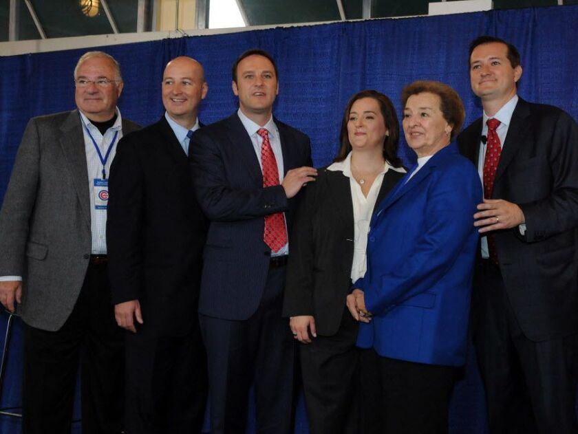 The Ricketts family at Wrigley Field in October 2009: (from left) Joe Ricketts, Pete Ricketts, Todd Ricketts, Laura Ricketts, Marlene Ricketts and Tom Ricketts. | Sun-Times file photo