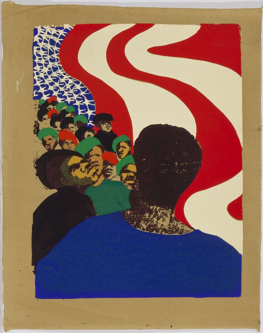 Barbara Jones-Hogu, “Nation Time,” 1969, Screenprint on gold-colored Japanese-style laid paper. | Smart Museum of Art, The University Chicago, Purchase, The Paul and Miriam Kirkley Fund for Acquisitions and The James M. Wells Curatorial Discretion Acquisi