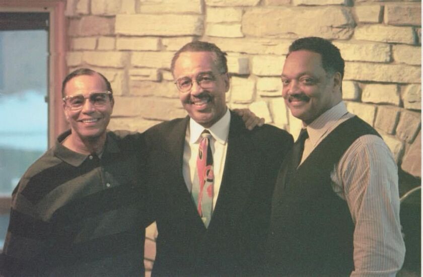 Attorney Lewis Myers Jr. (center) represented prominent clients including the Rev. Jesse Jackson (right) and Nation of Islam Minister Louis Farrakhan (left). | Facebook