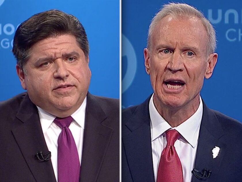 Gov. J.B. Pritzker (left) and his predecessor, former Gov. Bruce Rauner. On Friday, Pritzker named a former high-ranking member of Rauner’s staff to the Illinois Prisoner Review Board.