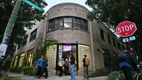 Visitors arrive at a multi-use building at 1700 W. Hubbard St., home of Volume Gallery, for Chicago Exhibition Week.