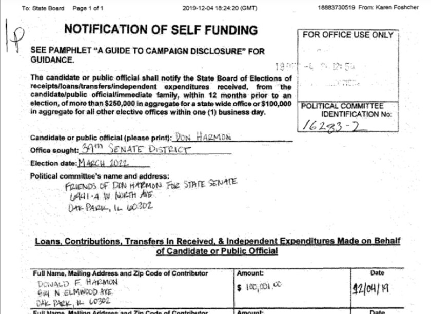 Senate President Don Harmon gave his campaign this $100,001 loan last Dec. 4. That meant he could now accept contributions over the normal limits. And he did, starting the same day.