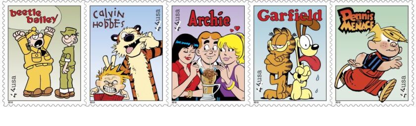US Postal Service postage stamps featuring comic strips, “Beetle Bailey” (from left), “Calvin and Hobbes,” “Archie.” “Garfield” and “Dennis the Menac” as part of a set of five Sunday comics stamps issued in July 2010. | AP Photo/USPS/File