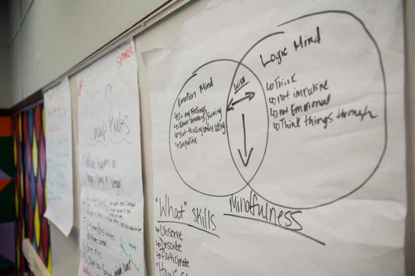 Notes from a group discussion hang in the peace room at Gage Park High School.
