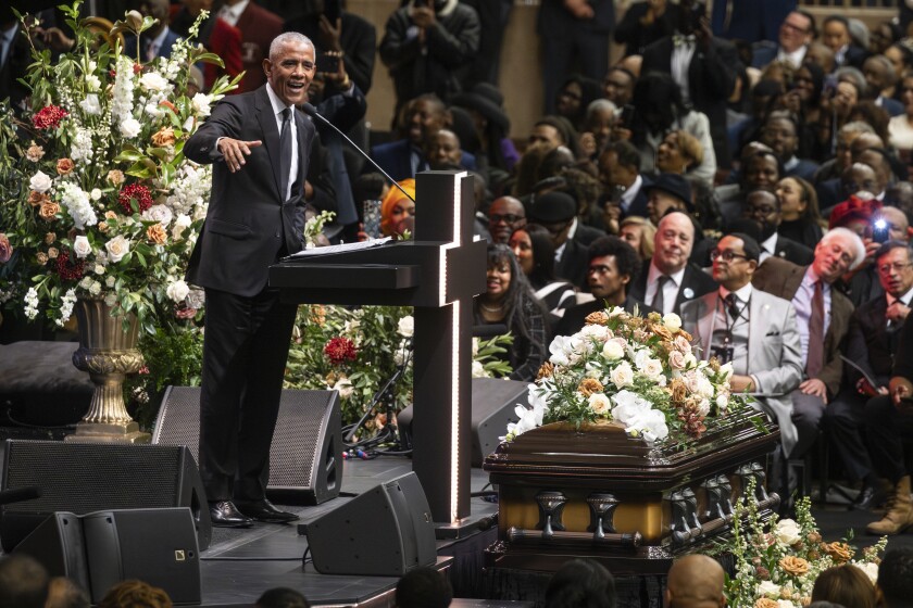 Former President Barack Obama speaks during the funeral service honoring Rev. Jesse Jackson at House of Hope on the Far South Side, Friday, March 6, 2026.