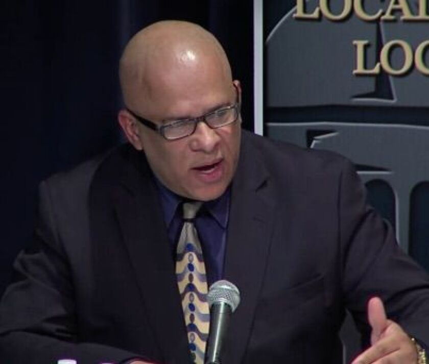 Tio Hardiman participates in a gubernatorial debate Wednesday at the University of Illinois Springfield. Photo from screen grab.