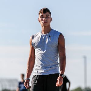 Plainfield South’s Niko Schultz looks on during warm ups at the start of practice.