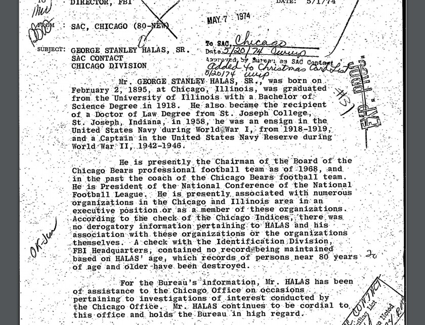 An FBI memo from 1974 that mentions Bears owner George S. Halas helping the agency.