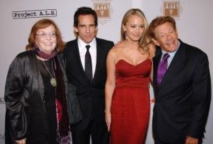 Anne Meara (left) attends a 2008 event with son Ben Stiller, daughter-in-law Christine Taylor and husband Jerry Stiller. | Peter Kramer/AP