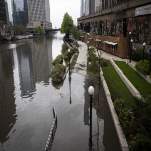 The Chicago River overflowed its banks and flooded the Riverwalk after overnight showers and thunderstorms across the city, Monday morning, May 18, 2020.