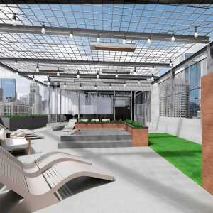 Rendering of a terrace with lounge seating and greenery.