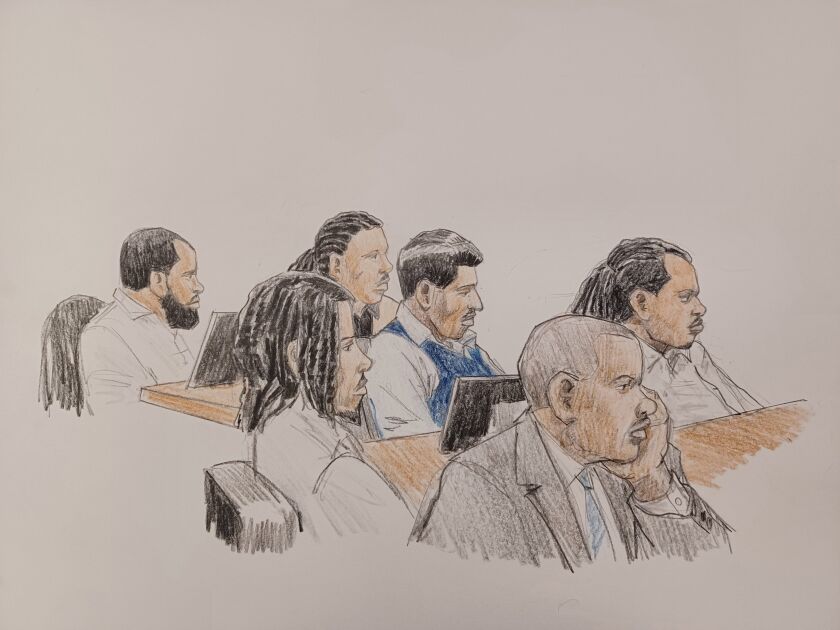 Courtroom sketch depicts six members and associates of the O Block faction of the Black Disciples, charged in the killing of rapper FBG Duck, during the trial.