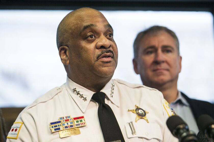 Chicago Police Supt. Eddie Johnson speaks about a $10 million donation from Chicago billionaire Ken Griffin to reduce gun violence in the city, during a press conference at the Chicago Police Department’s 25th District station, Wednesday morning, April 12