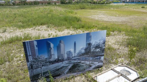 A sun bleached rendering of what the Lincoln Yards project promised sits in the overgrown lot that is the site today, Tuesday, June 17, 2025, in Chicago.