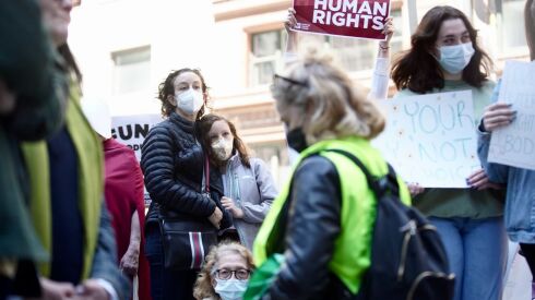 Pro-abortion rights activists rally at Federal Plaza on Saturday afternoon.