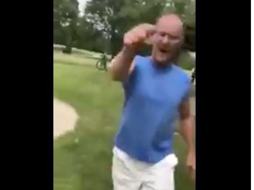 Screen image of Timothy G. Trybus yelling at a woman in the Forest Preserve for wearing a Puerto Rican T-Shirt.