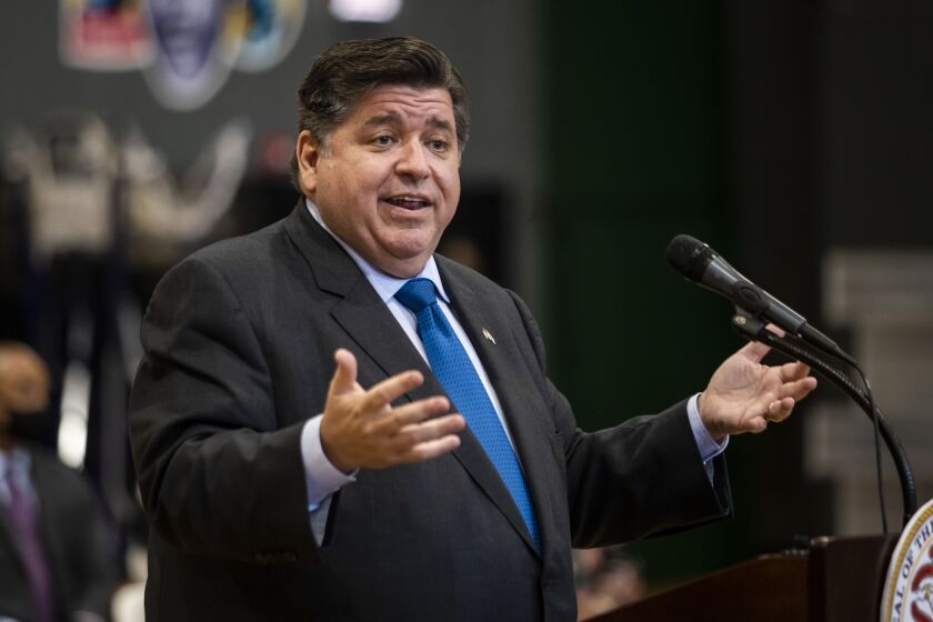 Gov. J.B. Pritzker speaks during a news conference on Monday.