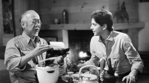 Mr. Miyagi (Noriyuki “Pat” Morita) and Daniel (Ralph Macchio) discuss an upcoming tournament in “The Karate Kid Part II.”