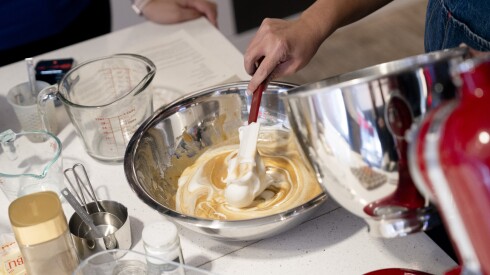 Meringue is folded into an egg mixture for the mocha mamon.