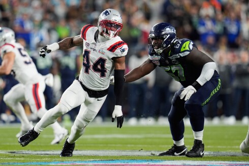 New England Patriots linebacker K'Lavon Chaisson looks to get past Seattle Seahawks offensive tackle Charles Cross during Super Bowl LX on Sunday, Feb. 8, 2026, in Santa Clara, California.