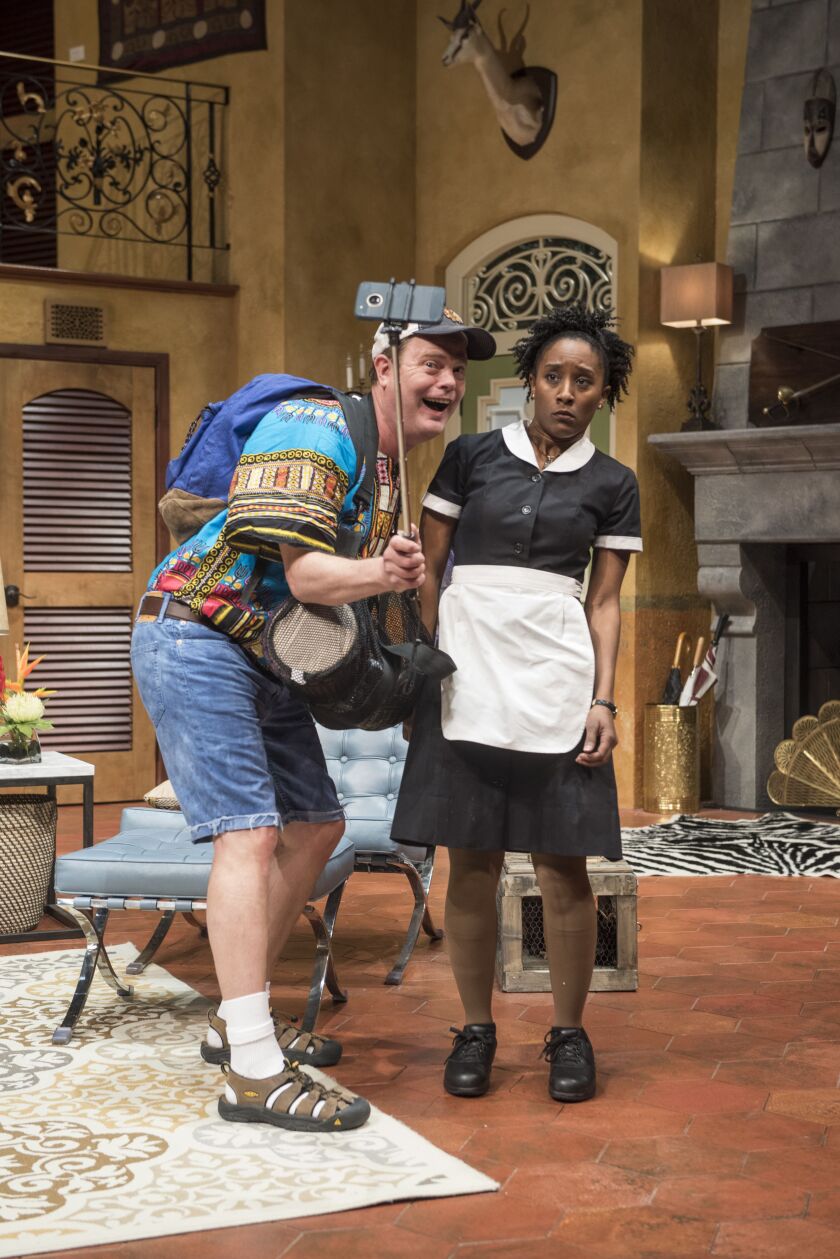 Jimmy (Rainn Wilson) meets Rosie the maid (Celeste M. Cooper) in The Doppelgänger (an international farce)” by Matthew-Lee Erlbach. | Michael Brosilow Photo