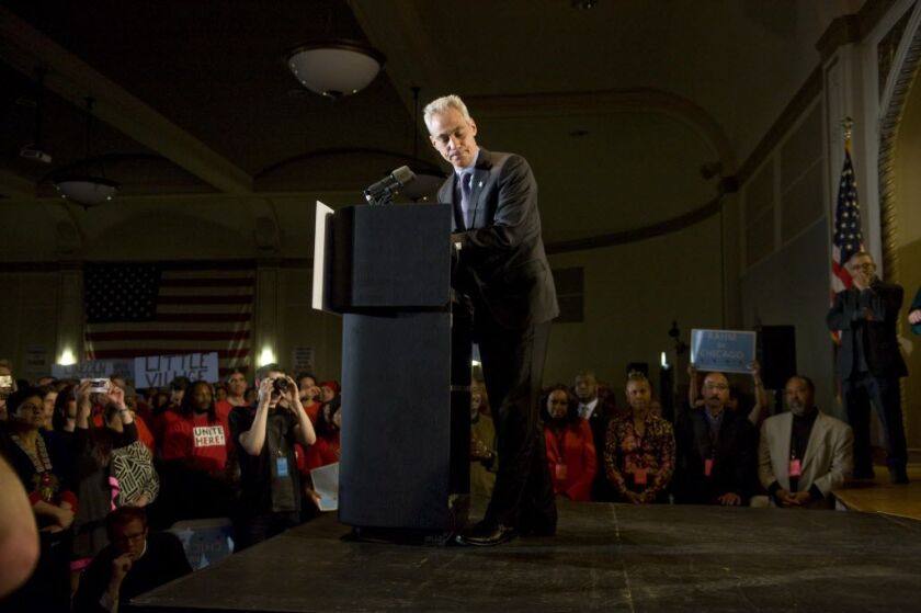 Mayor Rahm Emanuel addresses supporters on Tuesday night at Plumbers Hall. | Richard A. Chapman/Sun-Times