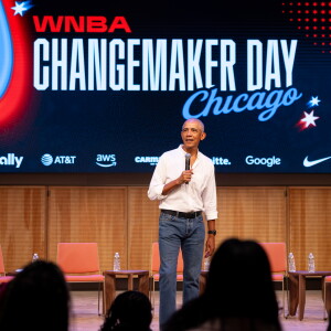 Former President Barack Obama surprises a group of high school freshman girls Friday during the WNBA Changemaker Day at the Obama Presidential Center in Jackson Park on the South Side.